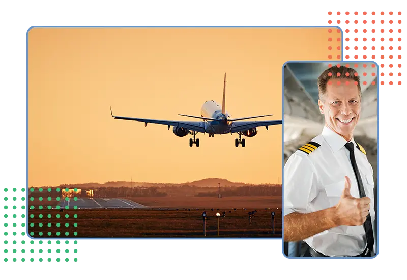 Airplane landing at sunset with smiling pilot giving thumbs up, symbolizing landing page design services that ensure smooth and successful conversions.