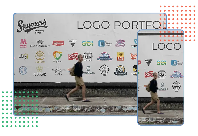 Billboard with Strumark Branding & Web logo portfolio, featuring custom brand logos and decorative graphic design elements with dotted patterns.
