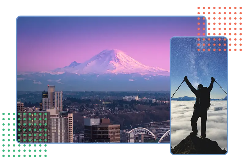 Seattle skyline with Mount Rainier at sunset and a climber celebrating on mountain peak, symbolizing Smart SEO services that turn searches into leads.