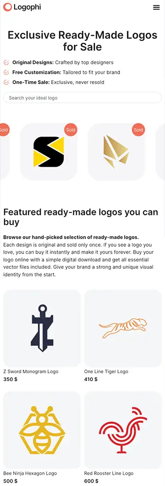 Mobile screenshot of the Logophi website designed and developed by Strumark