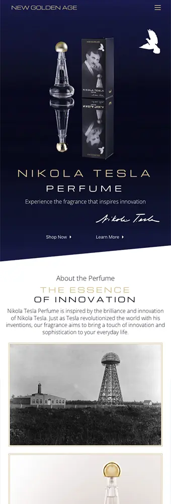 Mobile screenshot of the Nikola Tesla perfume website designed and developed by Strumark