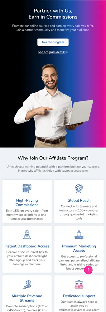 Mobile screenshot of the Savora Courses website designed and developed by Strumark