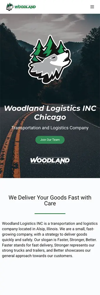 Mobile screenshot of the Woodland Logistics Inc Chicago website designed and developed by Strumark