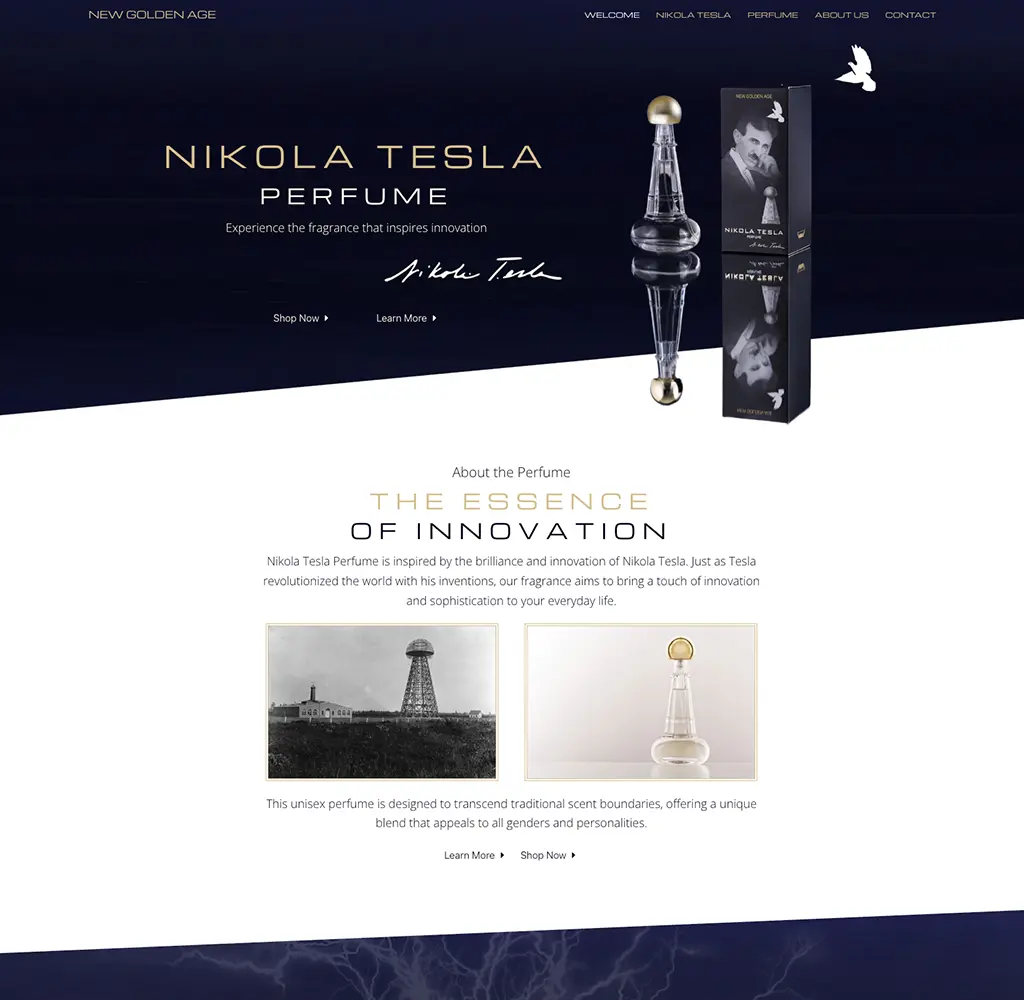 Screenshot of the Nikola Tesla perfume website designed and developed by Strumark