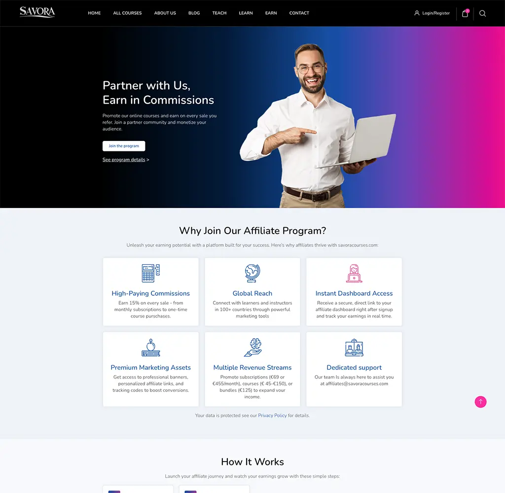 Screenshot of the Savora Courses website designed and developed by Strumark