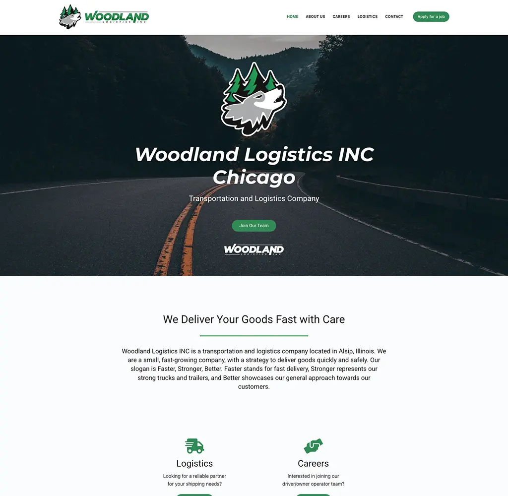 Screenshot of the Woodlandlogistics inc Chicago website designed and developed by Strumark