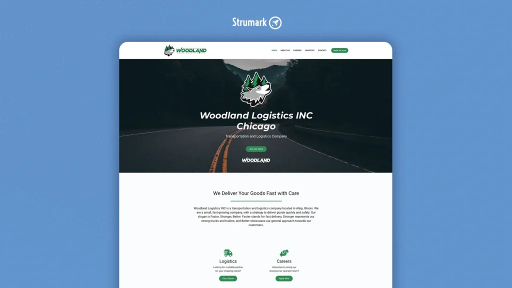 Website screenshot of Woodland Logistics Inc Chicago, transportation and logistics company website built by Strumark